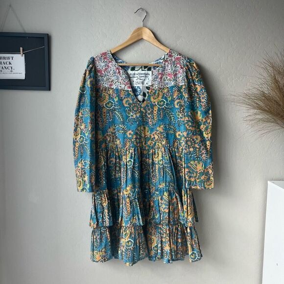 Alix of Bohemia Squash Blossom Turquoise Print Tiered Mini Dress Size Small - Picture 1 of 7